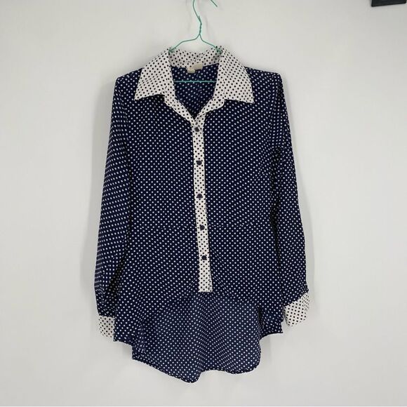 Forever 21 Exclusive Button Down Polka dit Hi-Low Hemline Long Sleeve Blouse S - Picture 1 of 3
